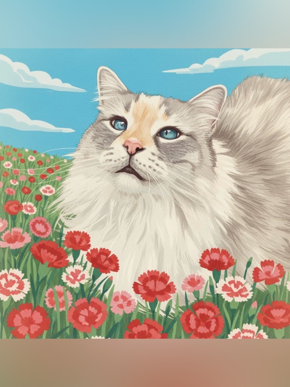 Illustrated Cat Print - Floral Blue-Eyed Cat in Flower Field paper print out